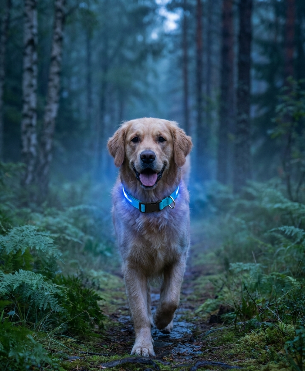 Lysende LED-halsbånd for hund på kveldstur i skogen