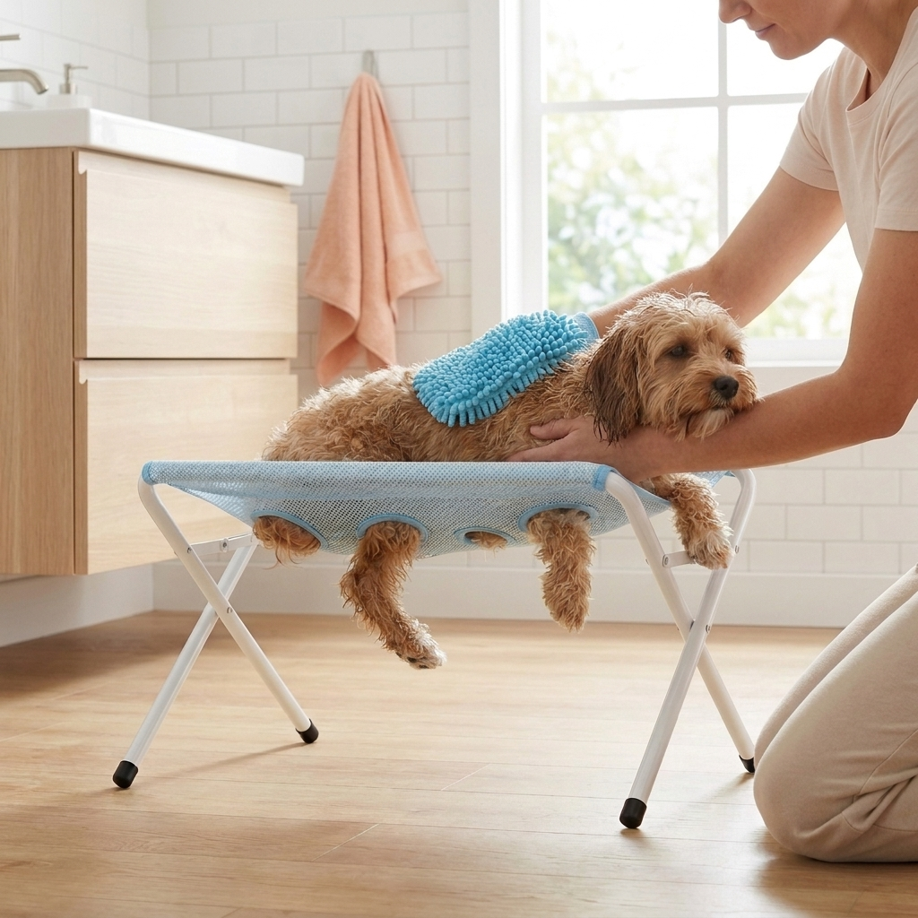 Badestativ i bruk med liten hund