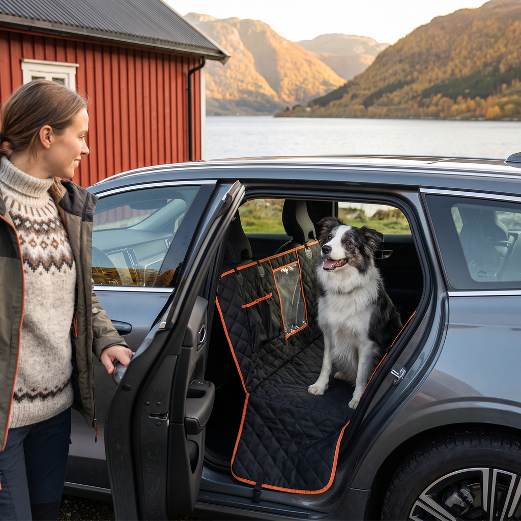 Våt hund på vanntett setetrekk etter tur
