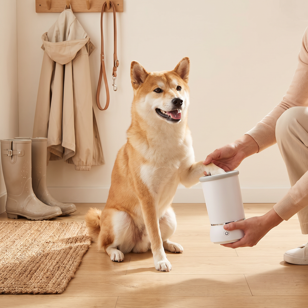 Hund får vasket potene i gangen etter tur